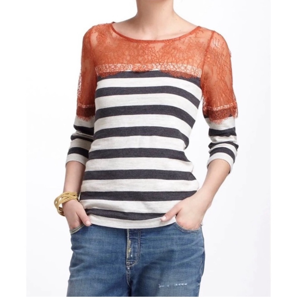 Deletta Lace and Stripes Long Sleeve Shirt
